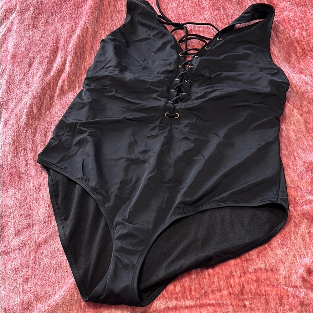 Swimsuits For All Black Lace-Up One Piece